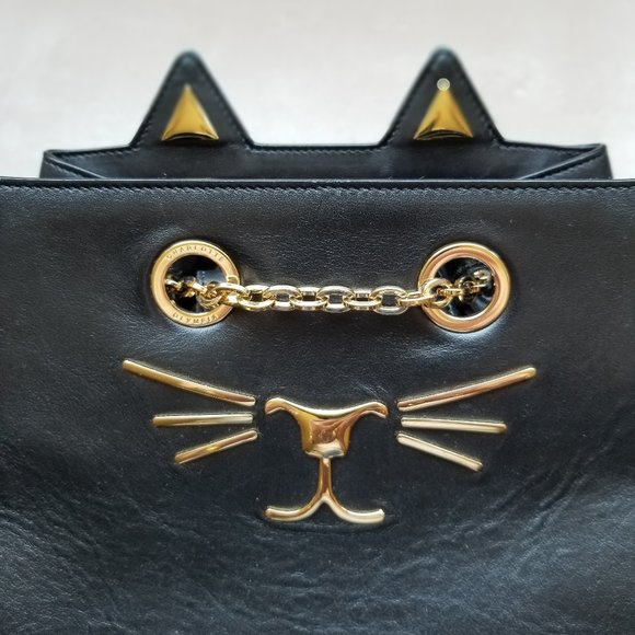CHARLOTTE OLYMPIA CAT/FELINE BACK PACK/BACKPACK PURSE Black Leather, Gold Metal - Picture 2 of 10